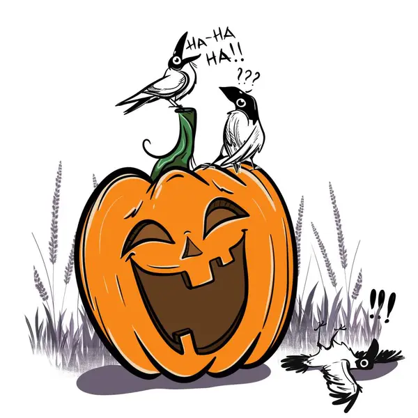 Cadılar Bayramı balkabağı feneri kafasında iki kargayla yerde yatan bir kargaya gülüyor. Kartpostal, tişört, kupa, poster için renk çizimi