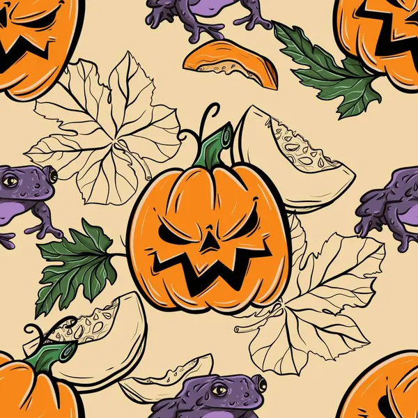  Kabak ve kurbağa desenli kusursuz desen, renkli elementli grafikler. Farklı duyguları olan balkabakları. Paket kağıdı, tekstil, poster, hediye kağıdı için yazdır