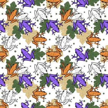  Yapraklı ve kurbağalı kusursuz desen, renkli elementli grafikler. Kağıt, tekstil, poster, hediye kağıdı baskısı.