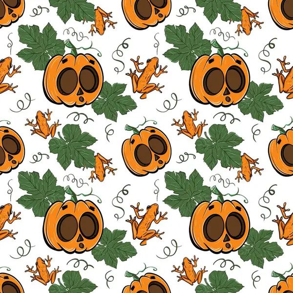  Kabak ve kurbağa desenli kusursuz desen, renkli elementli grafikler. Farklı duyguları olan balkabakları. Paket kağıdı, tekstil, poster, hediye kağıdı için yazdır