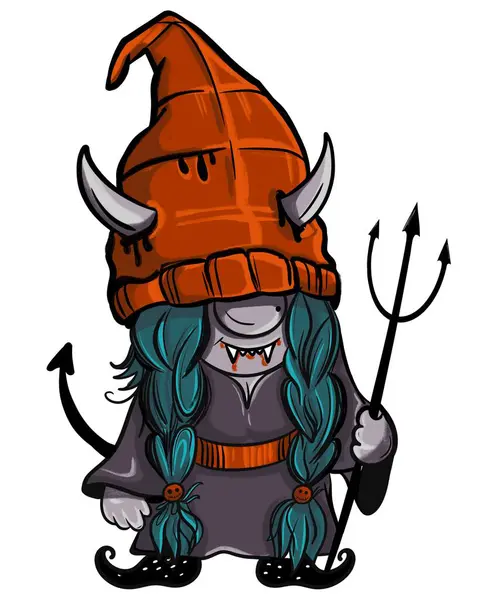  Cadılar Bayramı kostümü giymiş bir kız cücedir. Şapka gözlerini kapatıyor. Şapkasında boynuzlar ve elinde bir şeytan gibi mızrak var. Posterler, kartpostallar, kupalar ve tişörtler üzerindeki baskılar için renk çizimi, hatıra defteri