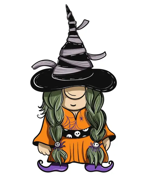  Cadılar Bayramı kostümü giymiş bir kız cücedir. Şapka gözlerini kapatıyor. Şapkada mumya gibi parçalar var. Posterler, kartpostallar, kupalar ve tişörtler üzerindeki baskılar için renk çizimi, hatıra defteri