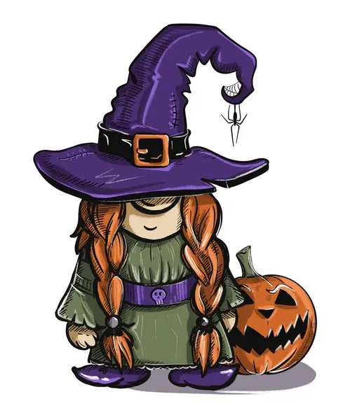  Cadılar Bayramı kostümü giymiş bir kız cücedir. Şapka gözlerini kapatıyor. Örümcekli mor şapka. O, bir kriko fenerinin yanında duruyor. Posterler, kartpostallar, kupalar üzerindeki baskılar için renk çizimi