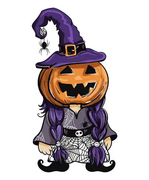  Kafasında şapka yerine balkabağı olan cüce kız. Cadılar Bayramı kostümü giyiyor. Posterler, kartpostallar, kupaların üzerindeki baskılar için renkli çizimler yapıyor.