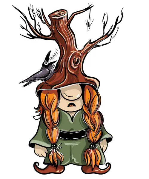  Kargalı ağaç şeklinde şapkası olan cüce kız. Posterler, kartpostallar, kupalar üzerindeki baskılar için renk çizimi