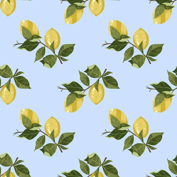 Taze sarı limon ve yeşil yapraklı limon dallarının kusursuz desenli çizimi. Mavi arka plan, canlı botanik kompozisyonu mutfak izleri için mükemmel.