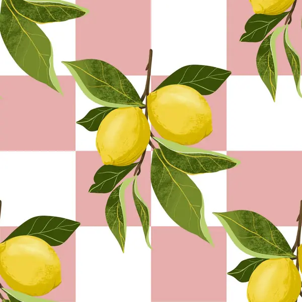 Taze sarı limon ve yeşil yapraklı limon dallarının kusursuz desenli çizimi. Pembe arka plan, canlı botanik kompozisyonu mutfak izleri için mükemmel..