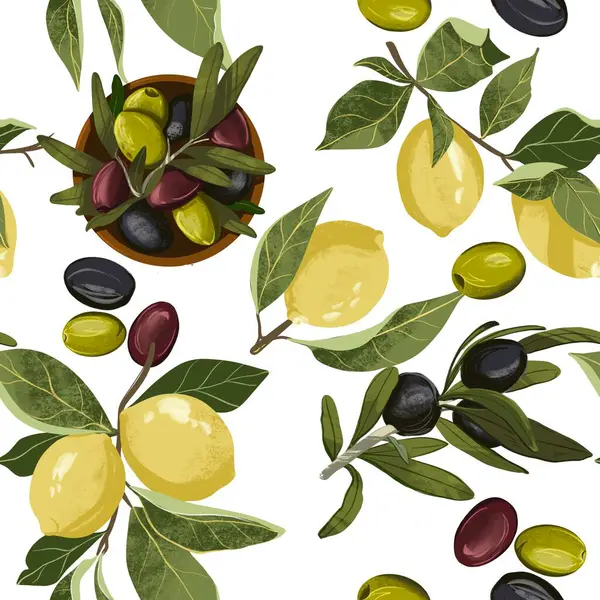 Taze sarı limon ve yeşil zeytin yapraklı limon dallarının pürüzsüz desenli çizimi. Beyaz bir arka plan, canlı bir botanik kompozisyonu mutfak izleri için mükemmel.