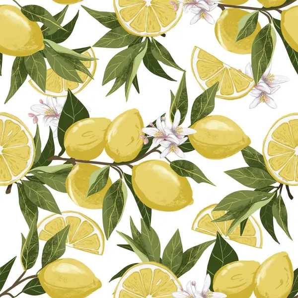 Taze sarı limon ve yeşil yapraklı limon dallarının kusursuz desenli çizimi. Beyaz bir arka plan, canlı bir botanik kompozisyonu mutfak izleri için mükemmel.
