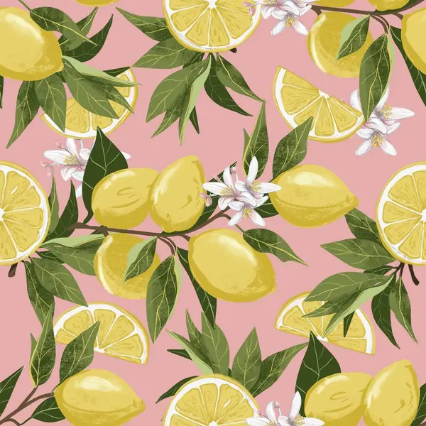 Taze sarı limon ve yeşil yapraklı limon dallarının kusursuz desenli çizimi. Pembe arka plan, canlı botanik kompozisyonu mutfak izleri için mükemmel.