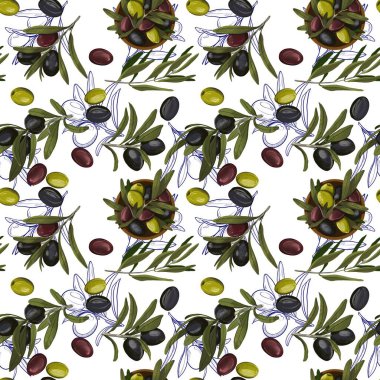   Kusursuz desenli renkli çizimler yeşil renkli zeytin yaprakları. Beyaz bir arka plan, canlı bir botanik kompozisyonu mutfak izleri için mükemmel.