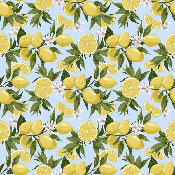 Taze sarı limon ve yeşil yapraklı limon dallarının kusursuz desenli çizimi. Beyaz bir arka plan, canlı bir botanik kompozisyonu mutfak izleri için mükemmel.