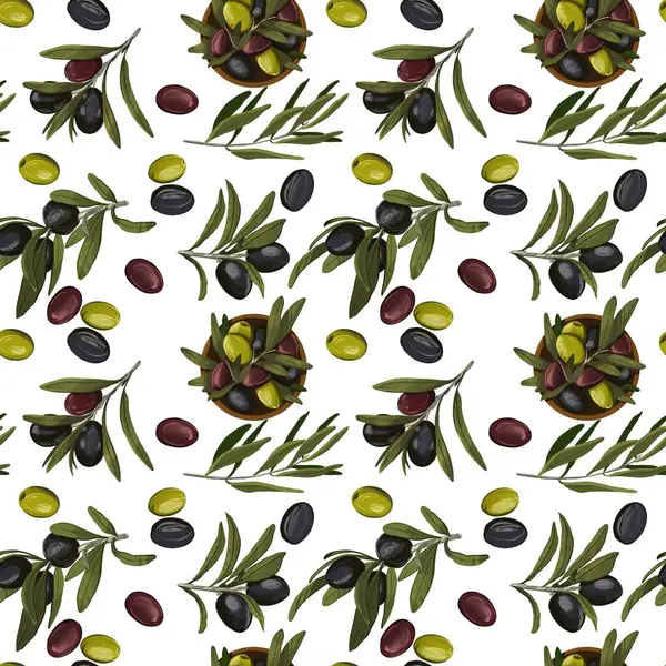   Kusursuz desenli renkli çizimler yeşil renkli zeytin yaprakları. Beyaz bir arka plan, canlı bir botanik kompozisyonu mutfak izleri için mükemmel.