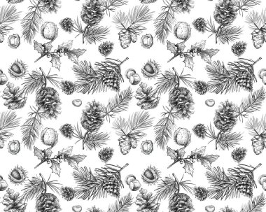   Kusursuz desenli Kalem Tasviri Ormanı Çam Kozalakları ve Dalları. Çizimler, doku, ince çizgiler ve doğal formlara odaklı botanik çizim geleneklerinden esinlenilmiştir.