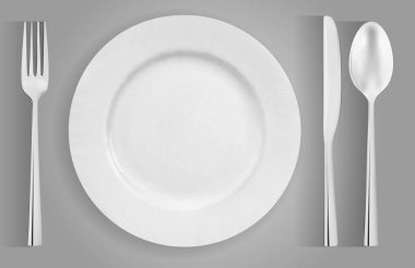 Beyaz bir tabak, metal bir çatal, bıçak ve kaşık görünümlü yukarıdan bakıldığında tüm görgü kurallarına göre yemeye hazır bir çatal takımının fotorealistik vektör çizimi