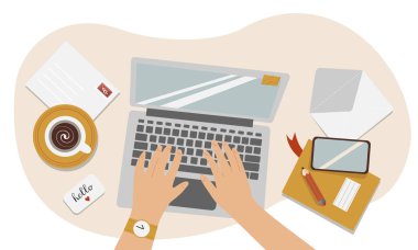 Düz uzanıyordu insan eliyle çalışırken ya da laptopta çalışırken, kahve içerken, mektup yazarken. Düz biçimde izole edilmiş vektör illüstrasyonu