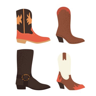 Dört kovboy çizmesi, düz çizilmiş, geleneksel Amerikan ayakkabısı, izole edilmiş vektör çizimi.