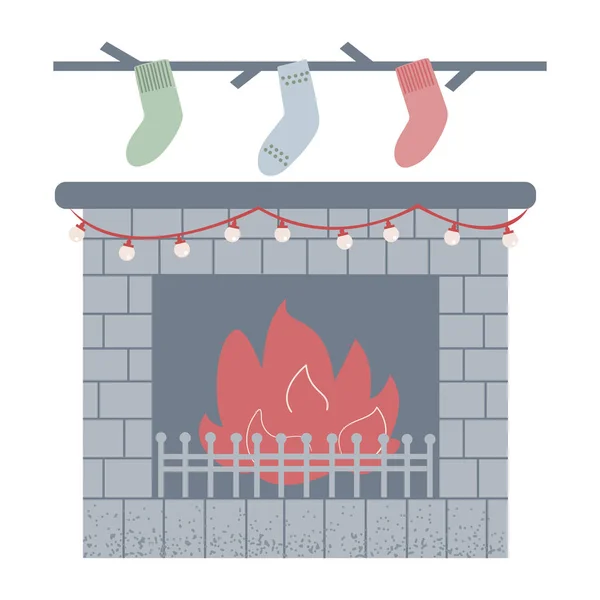 Simple Fireplace Decorated Christmas Lights Socks Presents Isolated Vector Illustration — Stock Vector