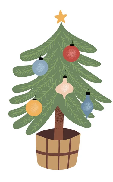 Mignon Dessin Main Décoré Ornements Arbre Noël Dans Pot Illustration — Image vectorielle