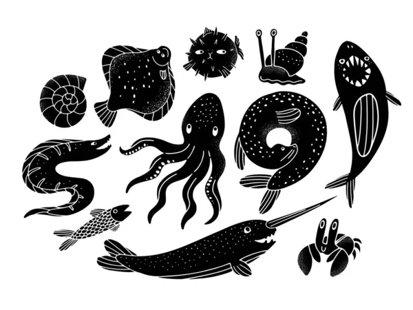 Hand drawn set with underwater animals and fish in silhouette or linocut style. Isolated vector illustration with textured effect