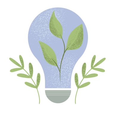 Yeşil yapraklı bitki dalı ampulün içinde büyüyor, sürdürülebilir yaşam tarzı kavramı, yeşil enerji gelişimi. Düz biçimdeki izole vektör illüstrasyonu