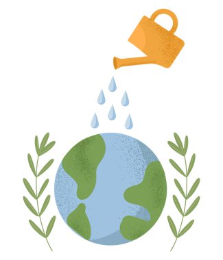 Dünya 'ya göz kulak olma kavramı, sulama gezegenin üzerine su dökebilir. Düz dizaynda izole edilmiş dokulu vektör çizimi