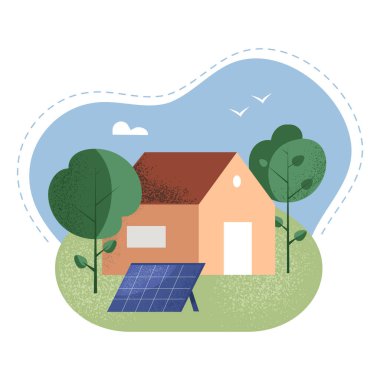 Yerde küçük bir ev ve güneş paneli olan basit bir manzara, herkes için sürdürülebilir yaşam konsepti. Düz dizaynda izole edilmiş dokulu vektör çizimi