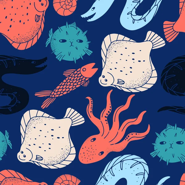 Roztomilý Ručně Kreslený Vektor Bezešvé Vzor Mořskými Rybami Živočichy Linokut — Stockový vektor