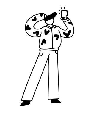 Hand drawn line doodle male with a smartphone in his hand, isolated vector illustration