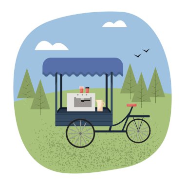 Scenery in the park with coffee trolley, little business selling hot drinks. Isolated vector illustration in flat style