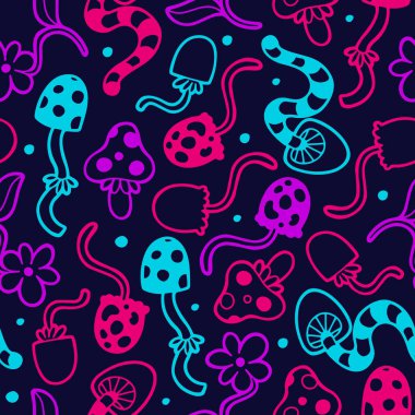 Hand drawn vector seamless pattern with  neon psychedelic mushrooms and flowers