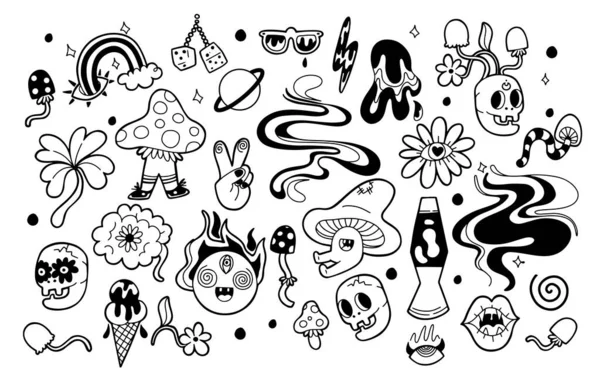 Velký Ručně Kreslený Set Psychedelickými Znaky Objekty Tučném Provedení Čáry — Stockový vektor