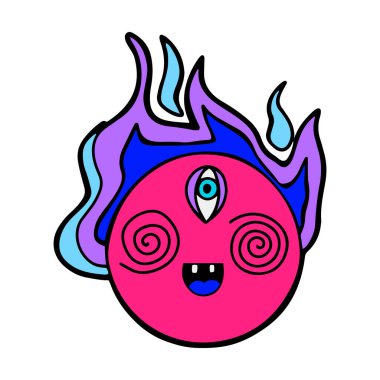 Hand drawn surreal character with trippy swirl eyes, isolated vector illustration in cartoon style with black bold outline