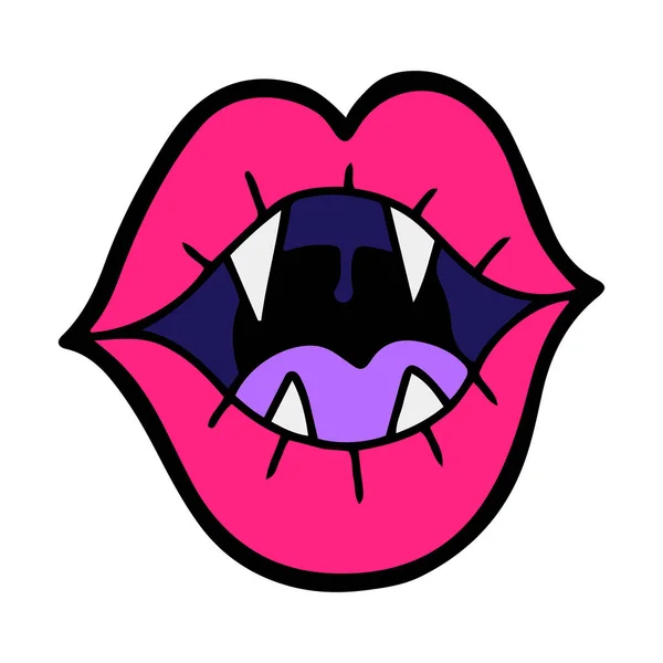 Hand Drawn Cartoon Style Mouth Lips Vampire Teeth Isolated Vector — Image vectorielle