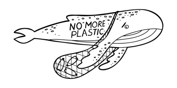 手拉着悲伤的灰鲸在鱼网里缠着塑料瓶子 上面写着 别再用塑料了 海洋保护的概念 直线设计中的孤立矢量插画 — 图库矢量图片