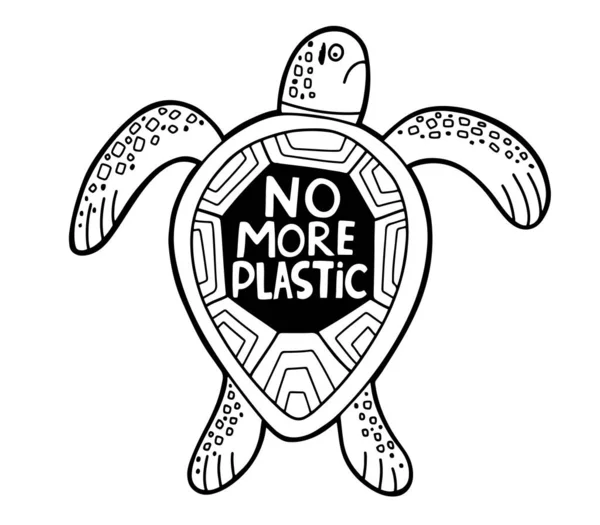 Χέρι Ζωγραφισμένο Λυπημένη Χελώνα Μήνυμα Στο Κέλυφος Όχι Περισσότερο Πλαστικό — Διανυσματικό Αρχείο