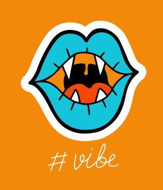 Elle çizilmiş neon vampir dudakları, çıkartma ya da poster, izole edilmiş trippy vektör çizimi