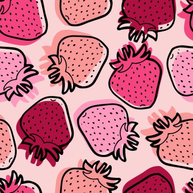 Renkli böğürtlen silueti ve kontur dizayn edilmiş çilek ile el çizimi kusursuz desen