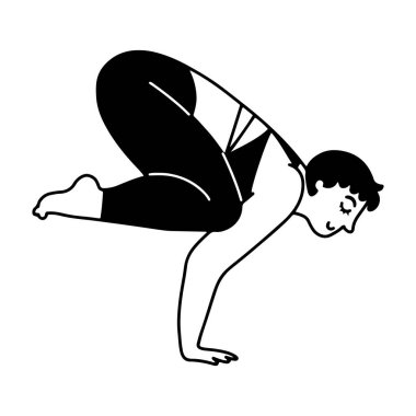 Elle çizilmiş artı beden kadın amuda kalkıyor, yoga pozu veriyor. İzole vektör illüstrasyonu