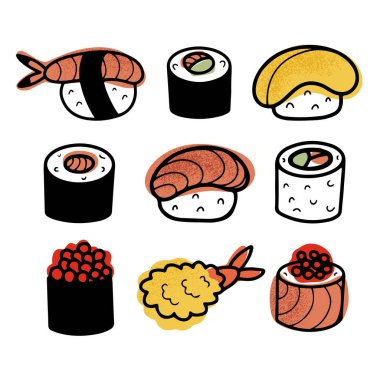 Farklı rulo ve nigiri suşi türleri ile el çizimi seti, karalama çizgisi tasarımında izole vektör çizimi