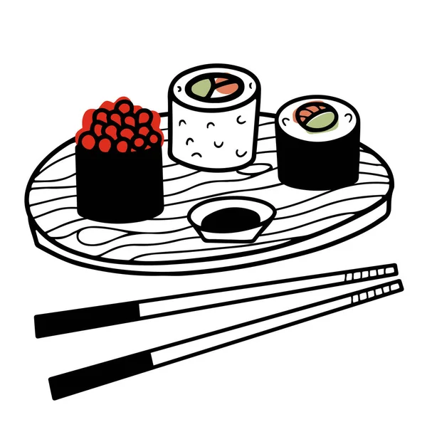 Tangan Digambar Sushi Set Piring Kayu Dengan Kecap Dan Sumpit - Stok Vektor