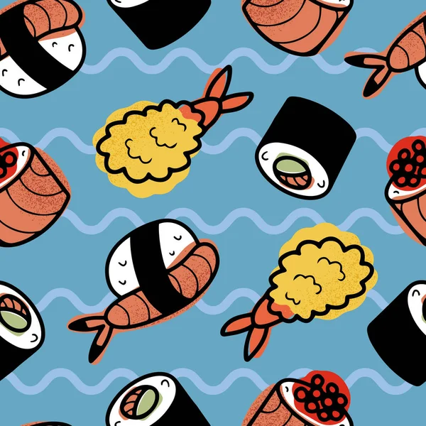 Padrão Sem Emenda Vetorial Desenhado Mão Com Sushi Comida Japonesa — Vetor de Stock