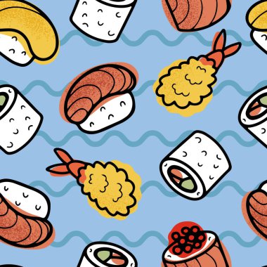 Japon yemekleriyle el çizimi, kusursuz vektör deseni - suşi, nigiri, rulo ve kızarmış karides