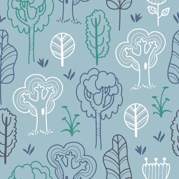 Handgezeichneter Vektor Nahtloses Muster Mit Doodle Linie Waldbäume Kindischen Stil — Stockvektor