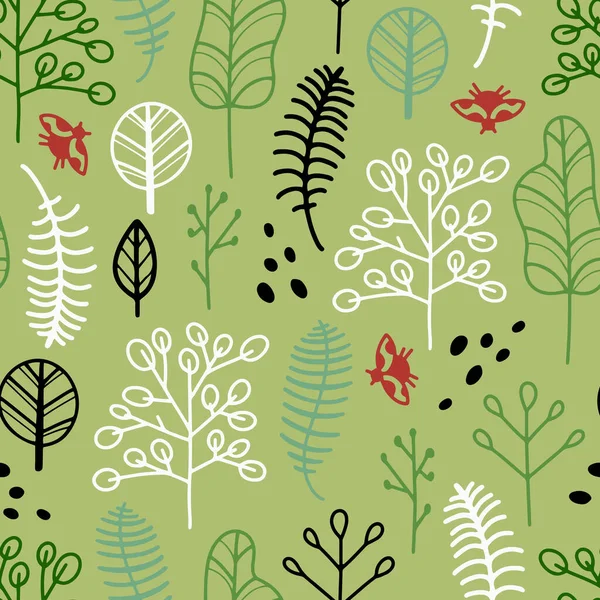 Handgezeichnete Vektor Nahtlose Muster Mit Kritzeligen Linie Büsche Bäume Und — Stockvektor