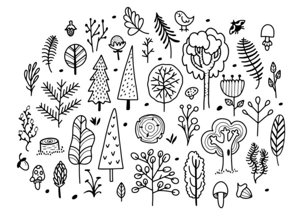 Conjunto Desenhado Mão Com Árvores Linha Design Doodle Folhas Cogumelos —  Vetores de Stock