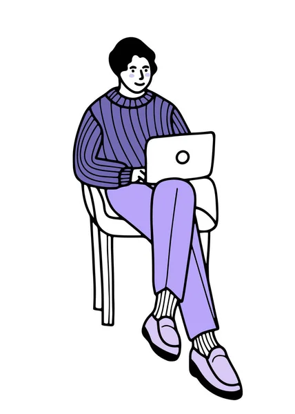 手绘男子坐在椅子上 手持笔记本电脑 在网上工作或冲浪 在线条设计中勾勒出孤立的病媒图解 — 图库矢量图片
