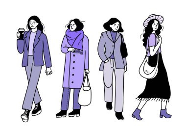 Elle çizilmiş modern şehir insanları çizgi dizaynı, yürüme ve gülümseme. İzole vektör illüstrasyonu