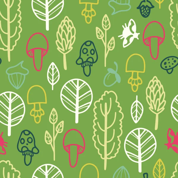 Handgezeichnetes Vektor Nahtloses Muster Mit Kritzeligen Sträuchern Bäumen Und Pilzen — Stockvektor