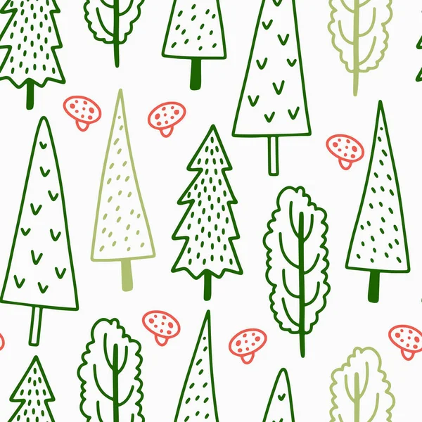 Handgezeichnete Vektor Nahtlose Muster Mit Doodle Linie Waldbäume Kindliche Stil — Stockvektor